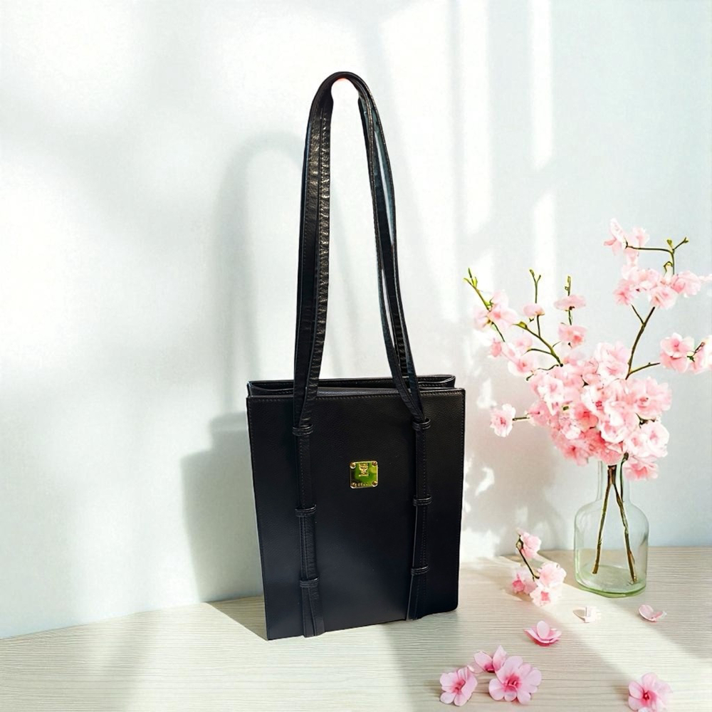 MCM Black Leather Gold Logo Tall Tote Bag - Picture 1 of 13